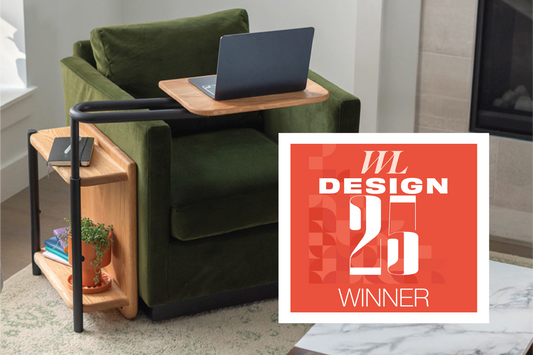 The Corbel Adjustable Side table with a badge on top of the photo that says "Western Living Design 25 WInner"