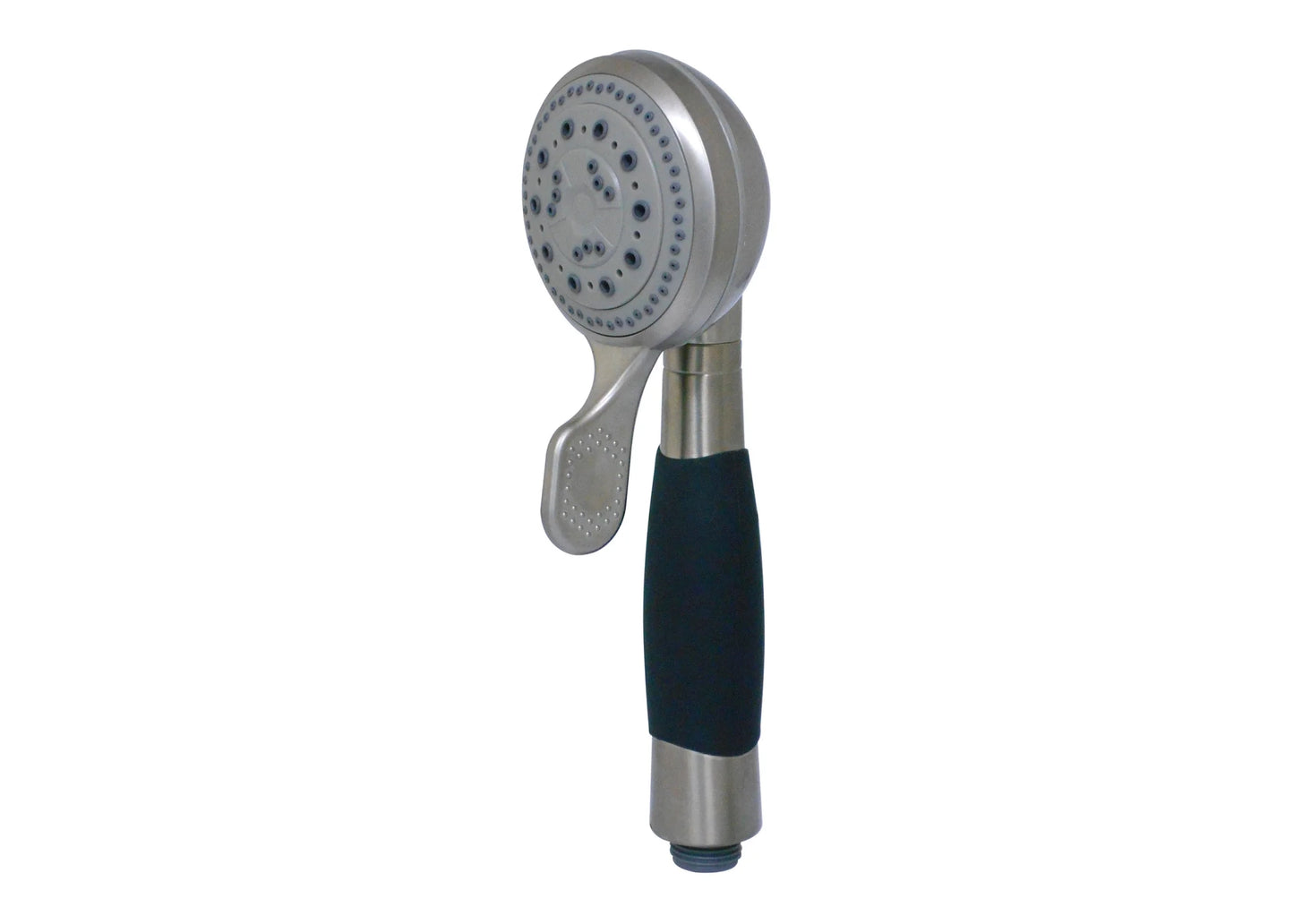 Handheld shower head with black handle on a white background