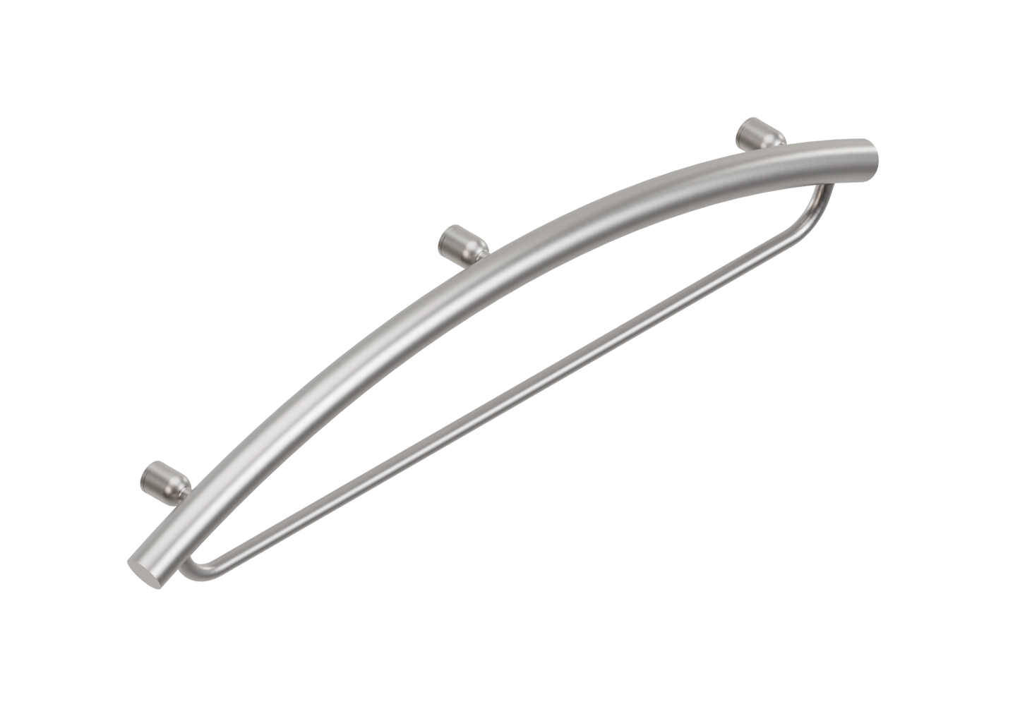Brushed stainless steel towel holder and grab bar on a white background