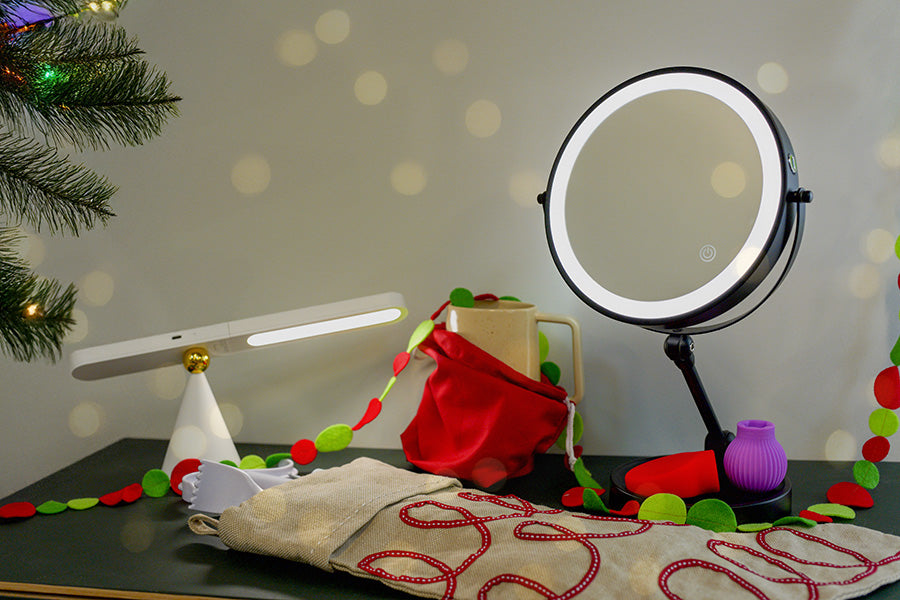 A set of small accessible gifts in a Christmas scene