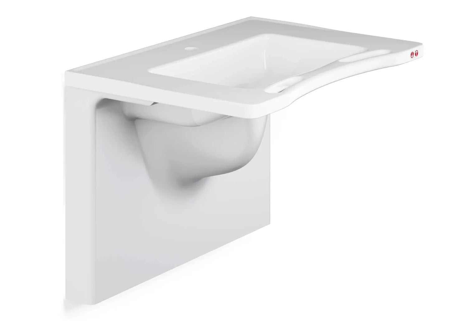 White adjustable ceramic sink with a rectangular basin on a white background