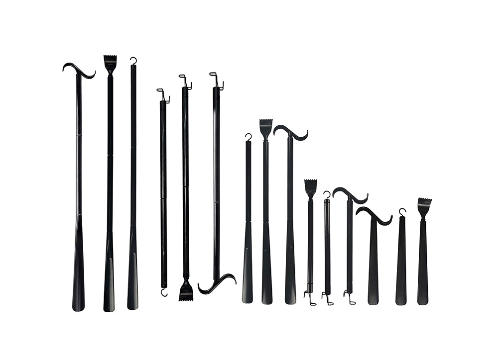 An image of the 15 different combinations that can be created with the provided parts of a black dressing and reaching aid.