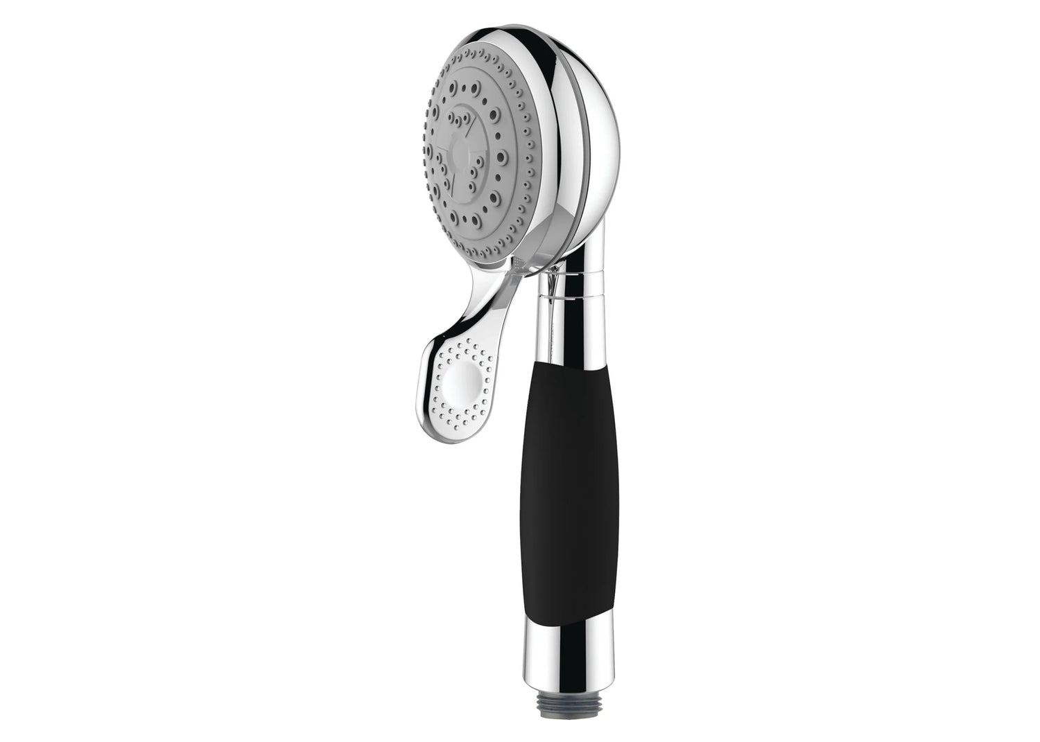 Handheld shower head with black handle on a white background
