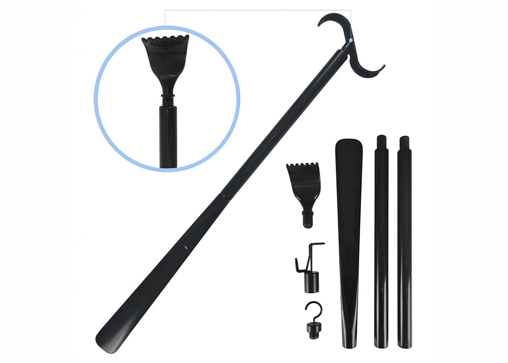 An image of a black dressing stick showing how the parts screw together.