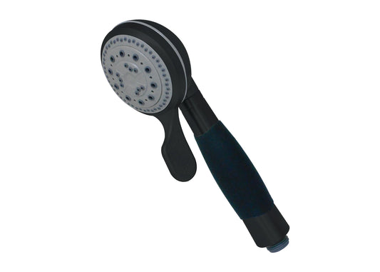 Black handheld shower head on a white background