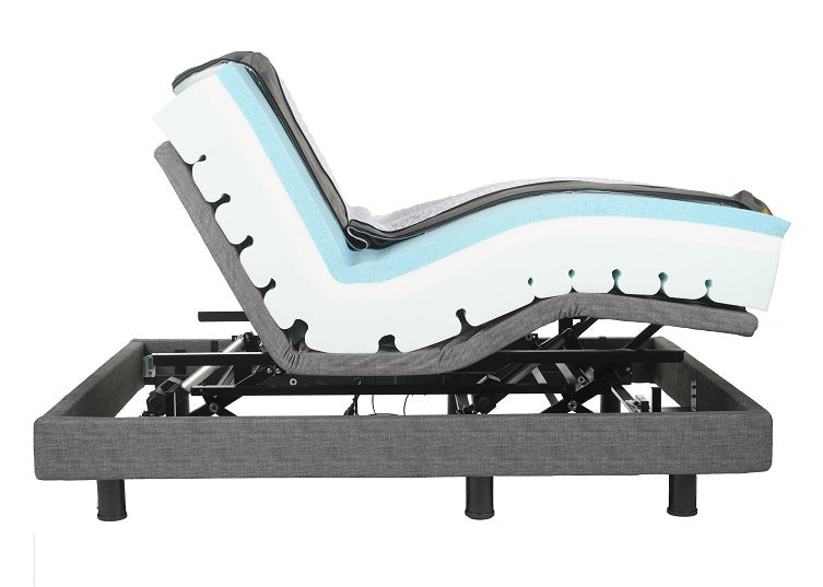 Electric adjustable bed with gray frame and white mattress on a white background