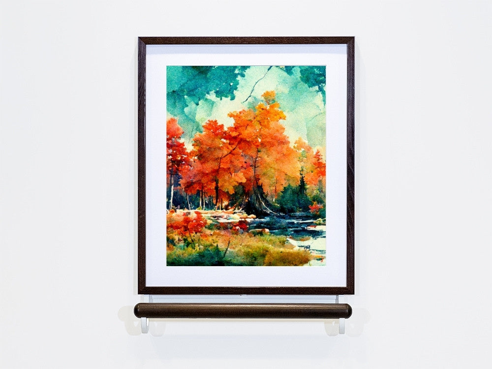 Selora Grab Bar in Dark Wood with a painting of trees in the frame