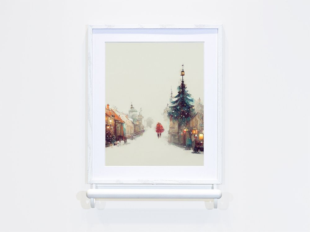 Selora Grab Bar Frame in White with a Festive Painting of a Town in the Frame