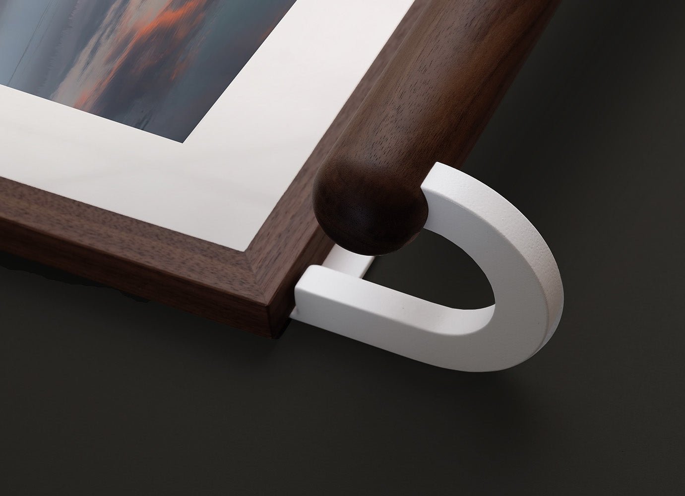 Detail of Selora Grab Bar Picture Frame in Ash with Walnut finish