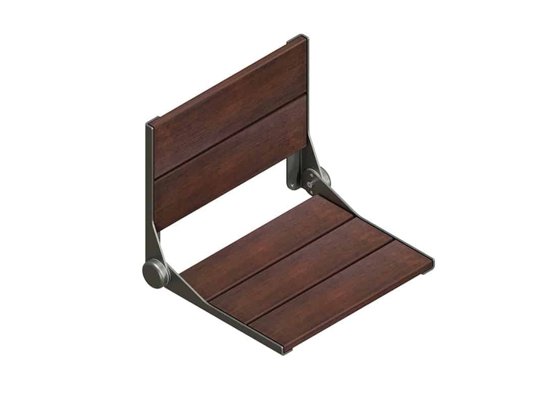 Wooden folding seat with metal frame on a white background
