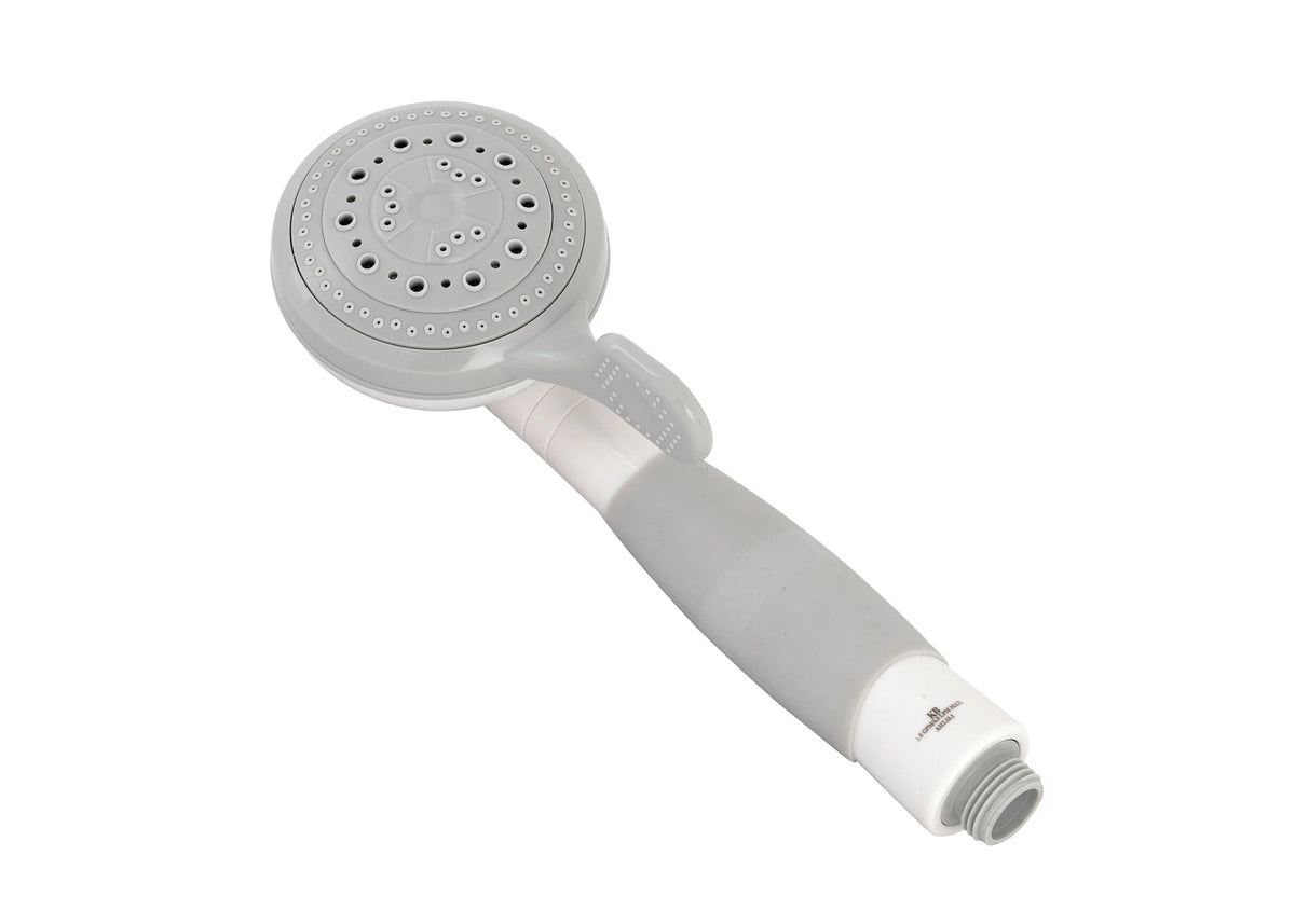 White and Gray handheld shower head on a white background